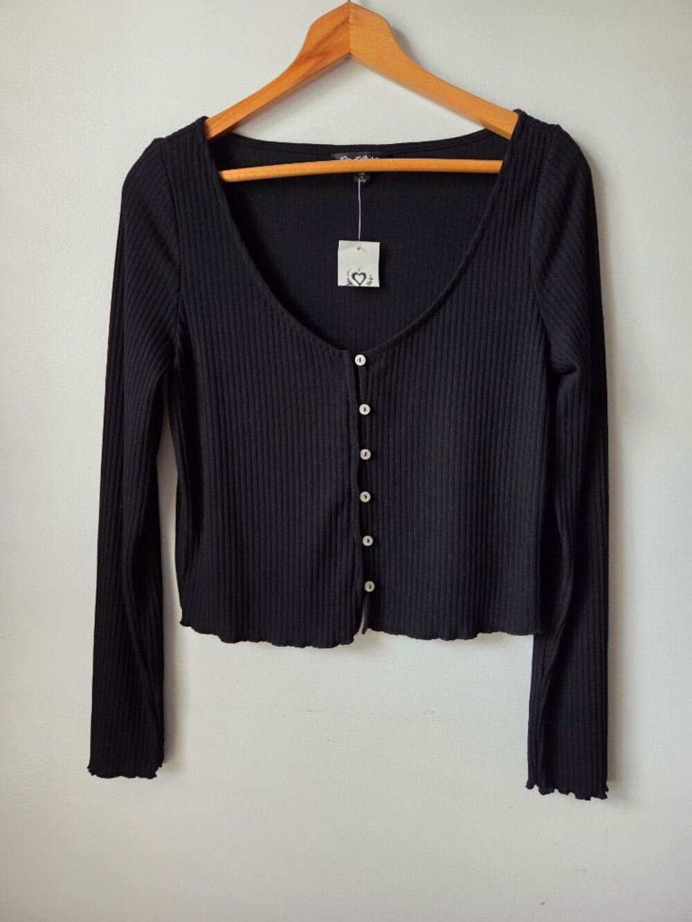 NWT MISS SELFRIDGE BLACK SCOOP NECK BUTTONED RIBBED LONG SLEEVES TOP SIZE US 12